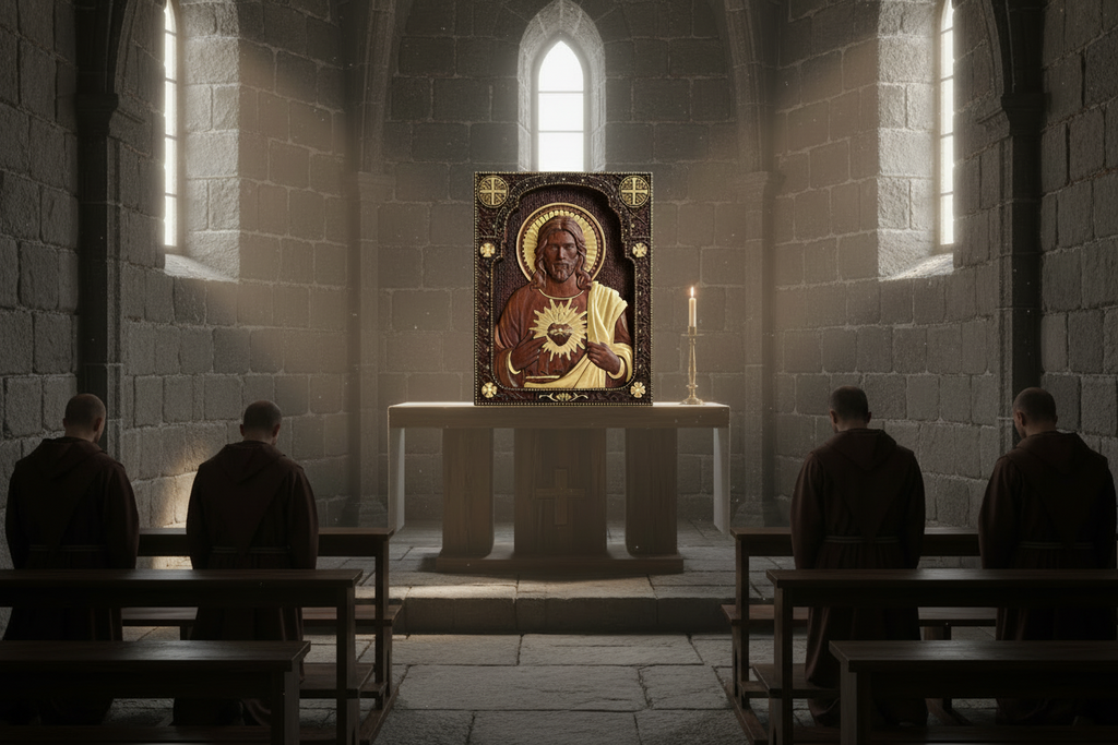 icone sacré-coeur de jésus dorée dans chapelle