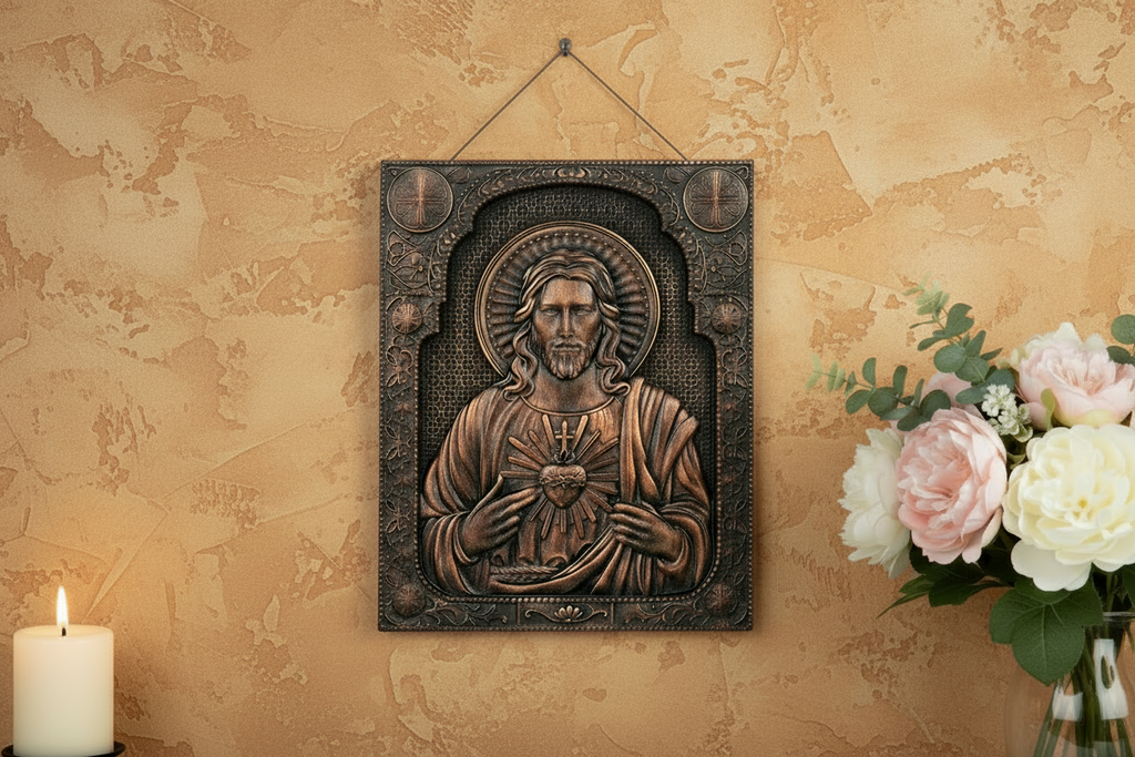 Icône Sacré-Cœur de Jésus – Sculptée à la Main en Bois de Hêtre
