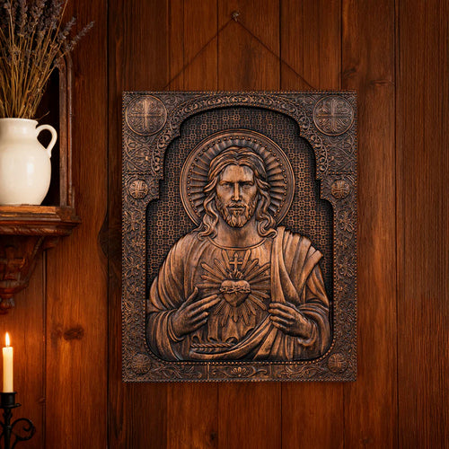 Icône Sacré-Cœur de Jésus – Sculptée à la Main en Bois de Hêtre