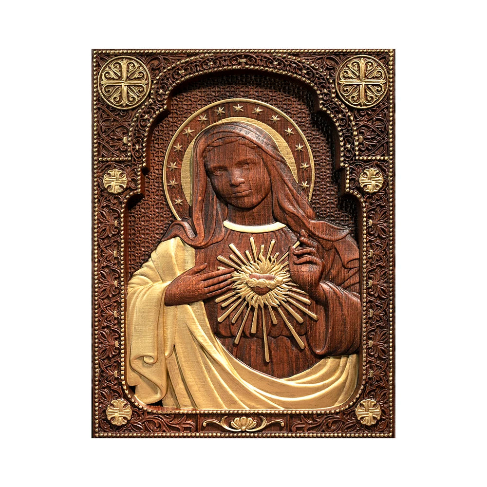 Icône du Coeur Immaculé de Marie - Sculptée à la main en bois de hêtre