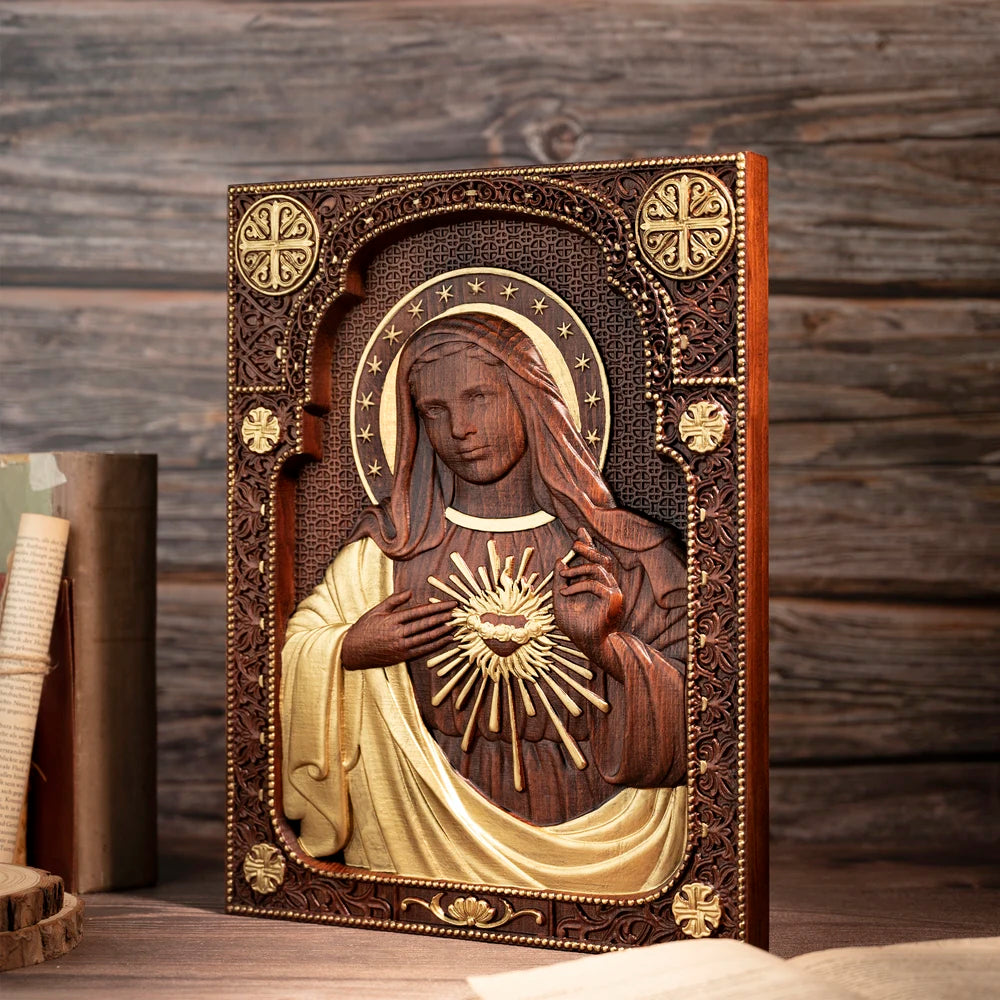 Icône du Coeur Immaculé de Marie - Sculptée à la main en bois de hêtre