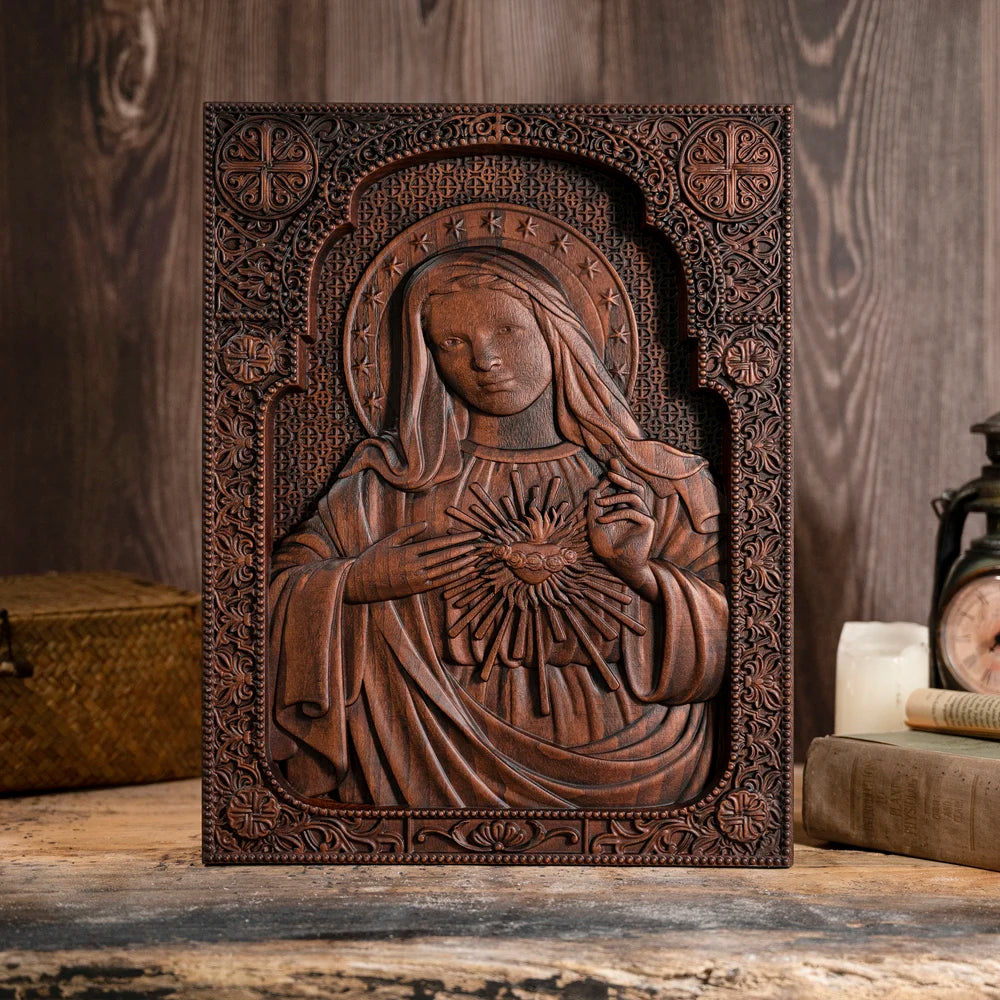 Icône du Coeur Immaculé de Marie - Sculptée à la main en bois de hêtre